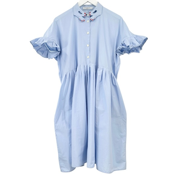 Vivetta Dresses & Skirts - VIVETTA Esmeralda Baby Blue Embroidered Collar Ruffled Short Sleeve Midi Dress